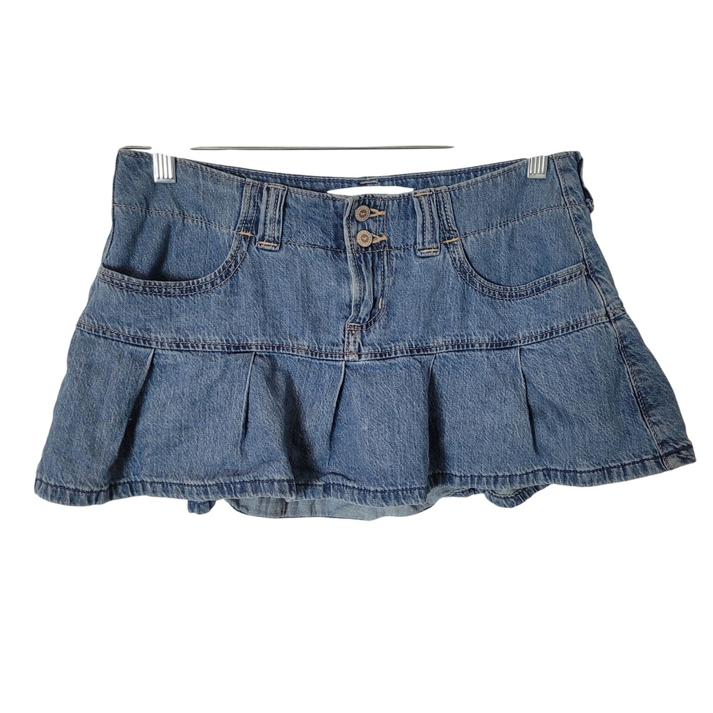 Hollister Denim Pleated Micro Mini Skort Skirt Blue Size 4 W27 Y2K Preppy
